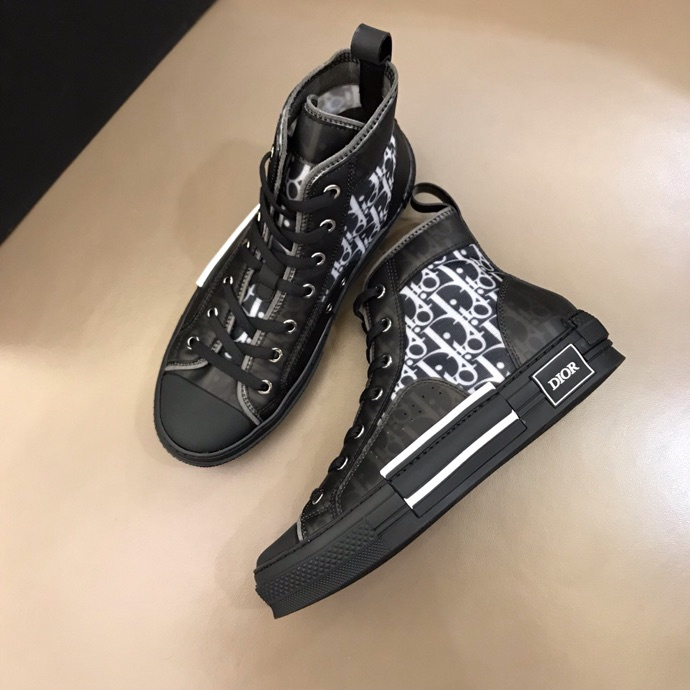 DIOR B23 Oblique Canvas Black Calfskin High Top Sneakers Shoes