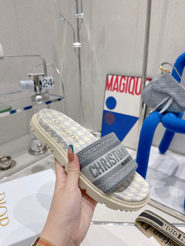 Dior Women Dway Slide Cornflower Blue Embroidered Cotton with Micro Houndstooth Motif