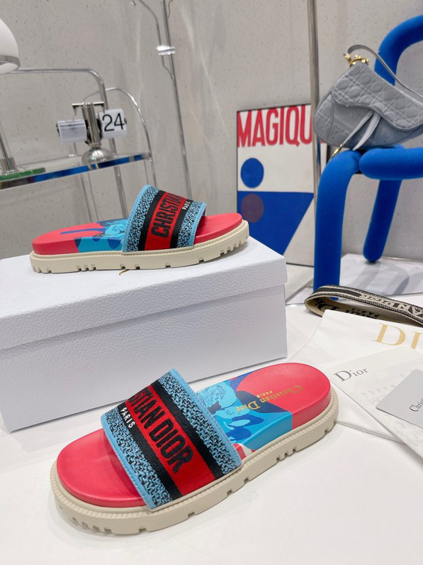 CHRISTIAN DIOR Canvas D-Flower Pop Embroidered Dway 10mm Slide Sandals 39 Pink Blue Multicolor 1380983