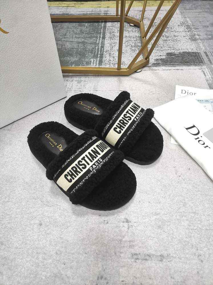 Dior Black Shearling Fur and Embroidered Canvas Dway Slide Sandals