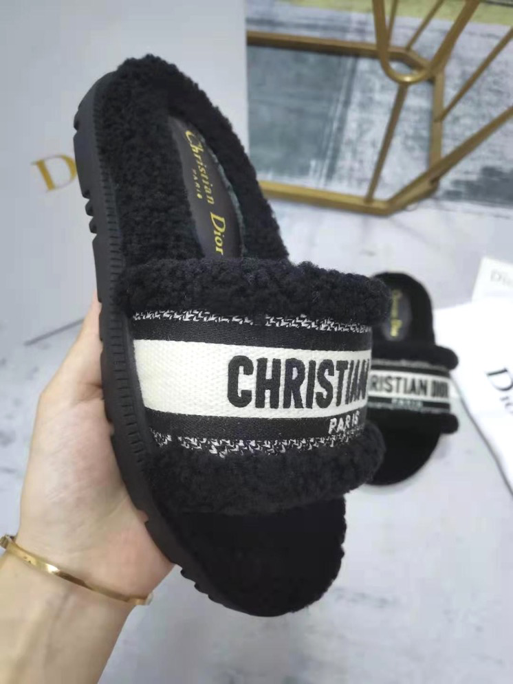 Dior Black Shearling Fur and Embroidered Canvas Dway Slide Sandals