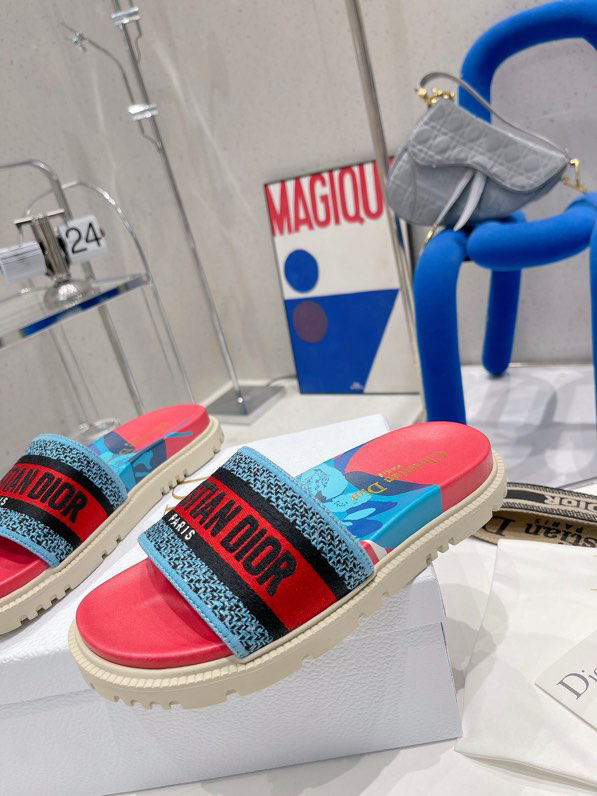 CHRISTIAN DIOR Canvas D-Flower Pop Embroidered Dway 10mm Slide Sandals 39 Pink Blue Multicolor 1380983
