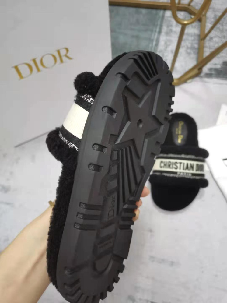 Dior Black Shearling Fur and Embroidered Canvas Dway Slide Sandals