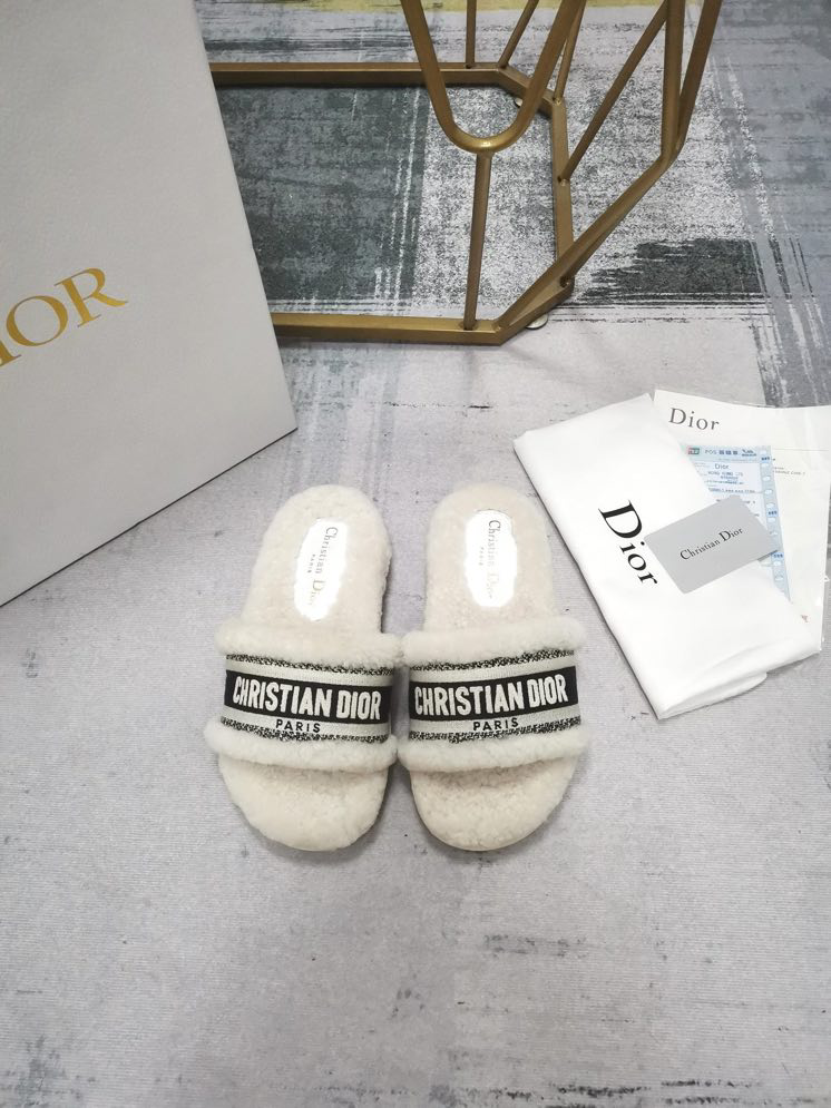Dior chez moi faux fur flip flops Dior White