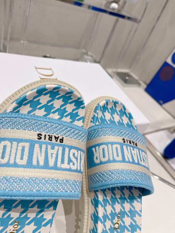 Dior Women Dway Slide Cornflower Blue Embroidered Cotton with Micro Houndstooth Motif