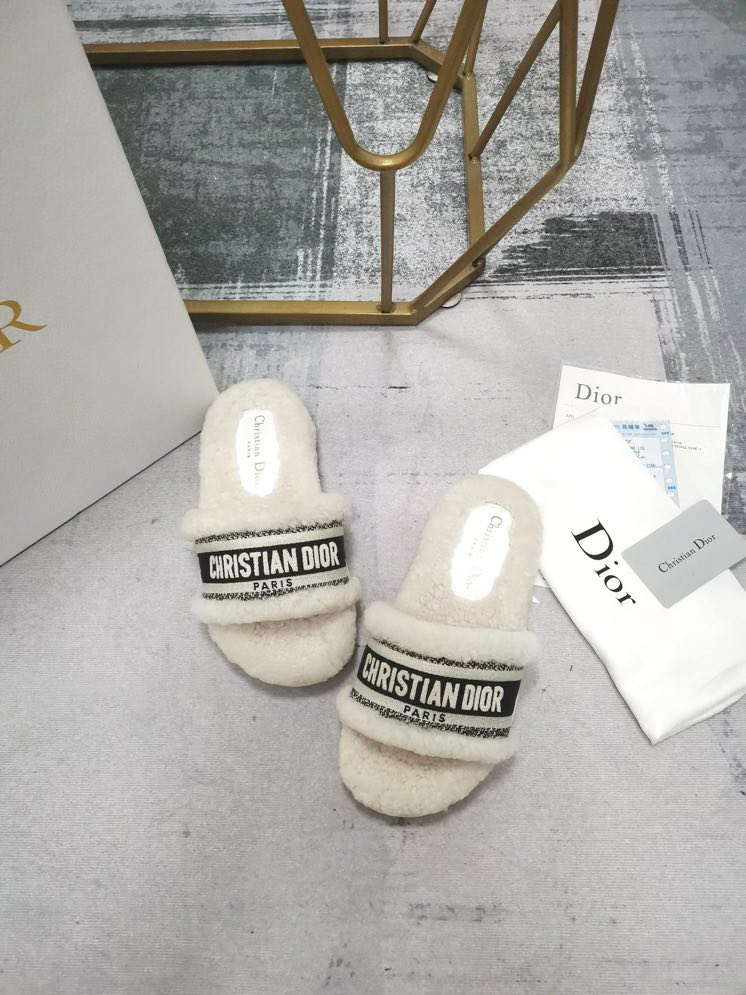 Dior chez moi faux fur flip flops Dior White