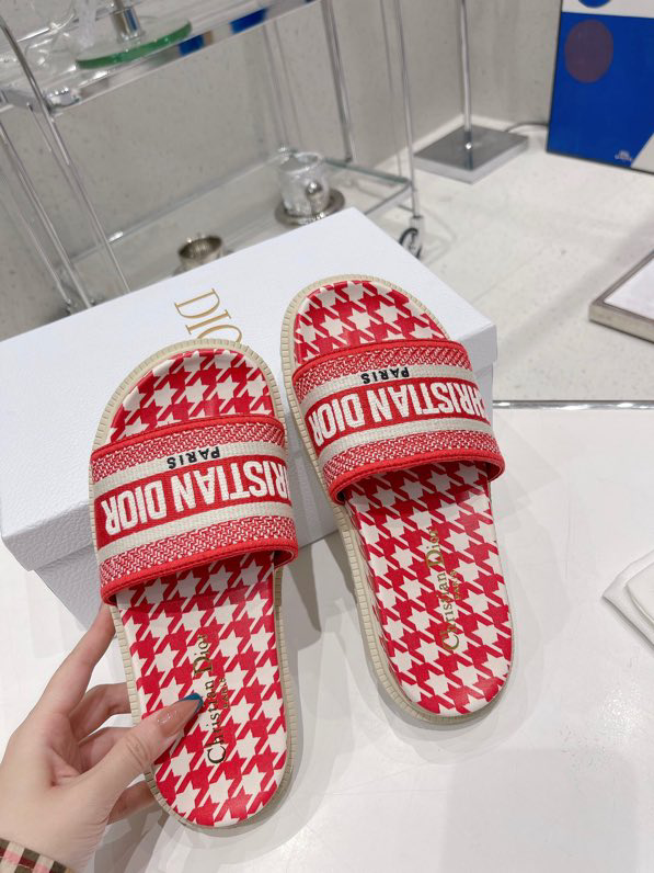 (Women) Dior DWay Slide 'Toile de Jouy Flowers Embroidered - Red' KCQ550TJE-S32W - KCQ550TJE-S32W