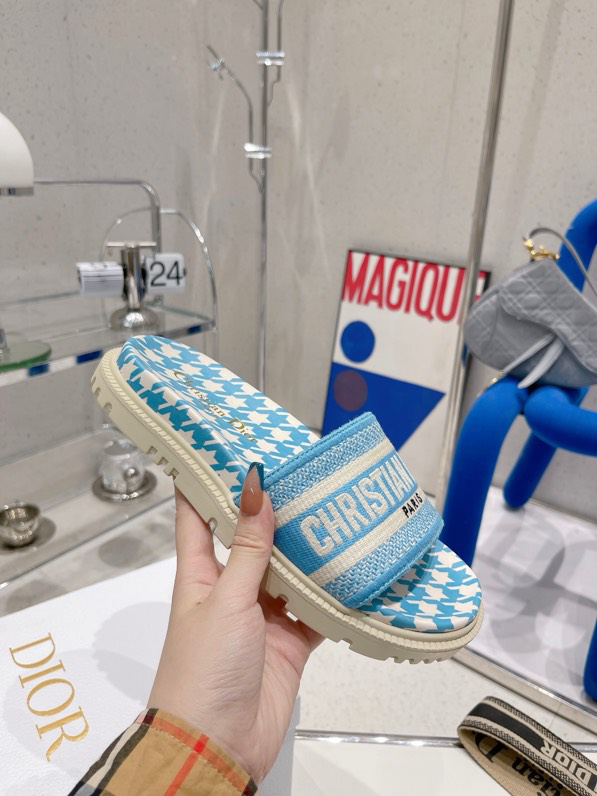 Dior Women Dway Slide Cornflower Blue Embroidered Cotton with Micro Houndstooth Motif