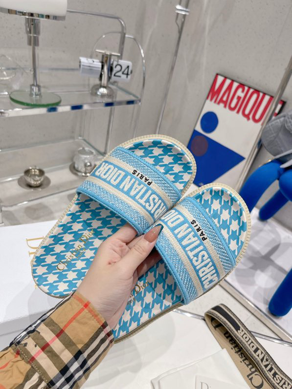 Dior Women Dway Slide Cornflower Blue Embroidered Cotton with Micro Houndstooth Motif