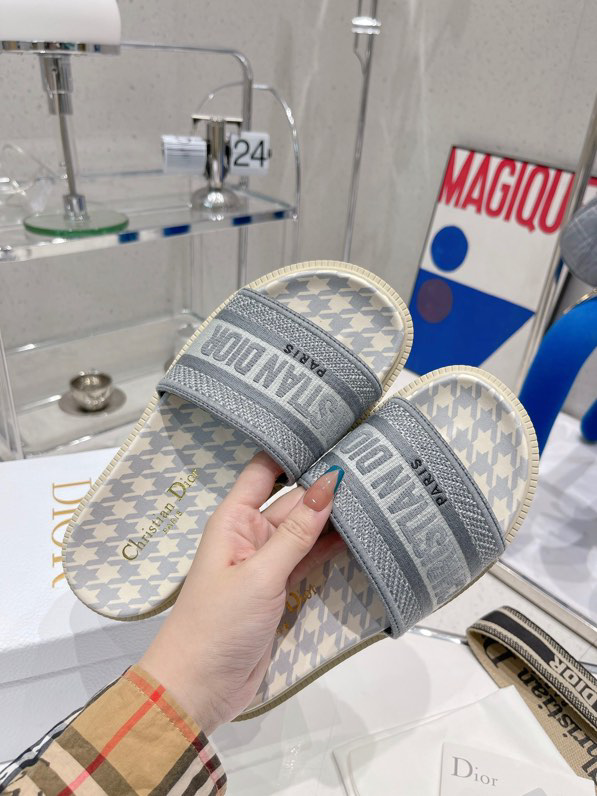 Dior Women Dway Slide Cornflower Blue Embroidered Cotton with Micro Houndstooth Motif