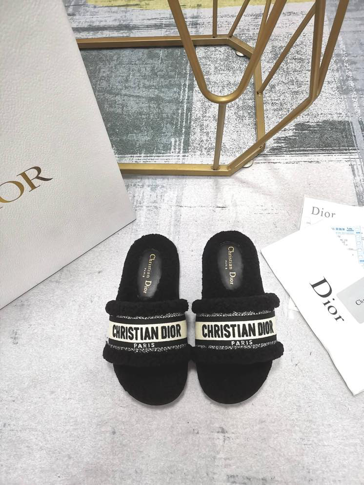 Dior Black Shearling Fur and Embroidered Canvas Dway Slide Sandals