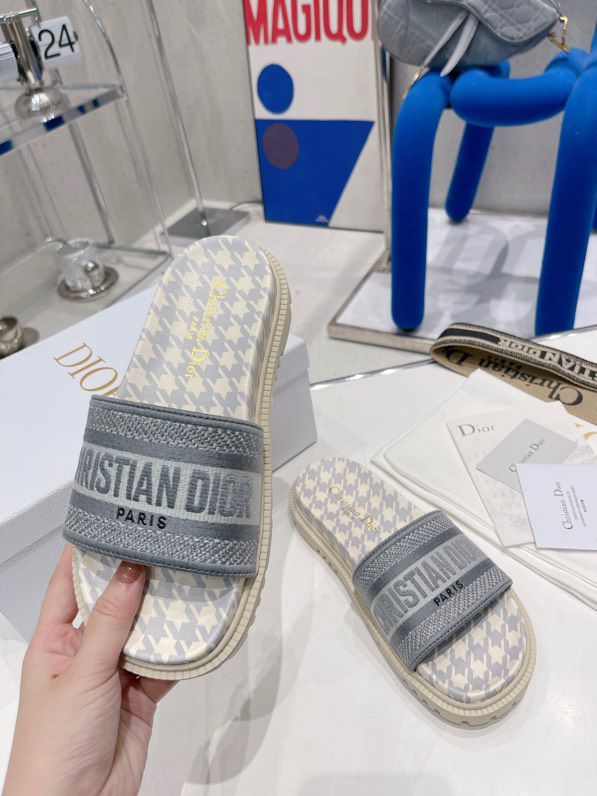 Dior Women Dway Slide Cornflower Blue Embroidered Cotton with Micro Houndstooth Motif