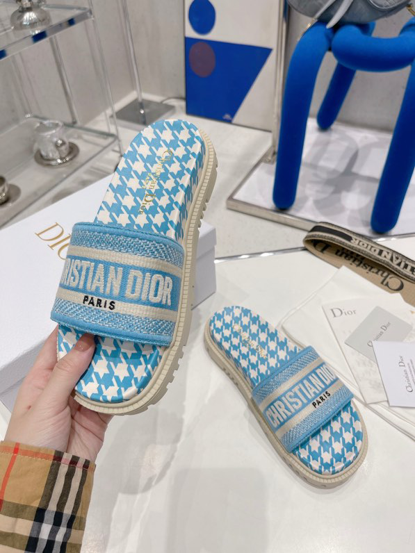 Dior Women Dway Slide Cornflower Blue Embroidered Cotton with Micro Houndstooth Motif