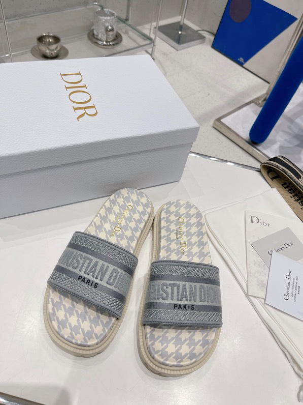 Dior Women Dway Slide Cornflower Blue Embroidered Cotton with Micro Houndstooth Motif