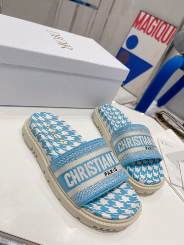 Dior Women Dway Slide Cornflower Blue Embroidered Cotton with Micro Houndstooth Motif