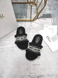 Dior Black Shearling Fur and Embroidered Canvas Dway Slide Sandals