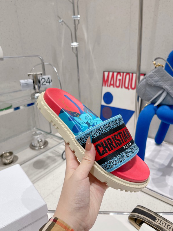 CHRISTIAN DIOR Canvas D-Flower Pop Embroidered Dway 10mm Slide Sandals 39 Pink Blue Multicolor 1380983