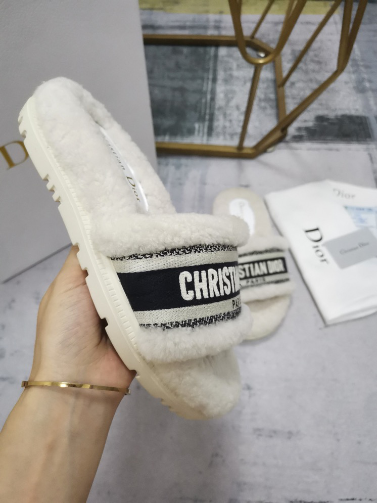 Dior chez moi faux fur flip flops Dior White