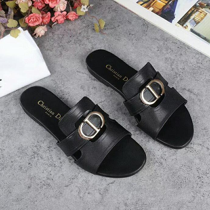 Christian Dior Black Leather CD Gold Slide Sandal
