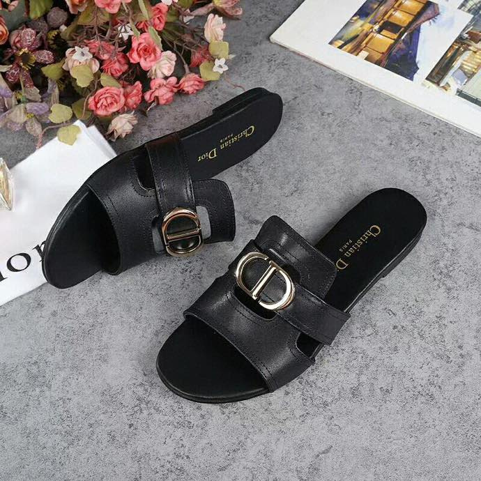 Christian Dior Black Leather CD Gold Slide Sandal