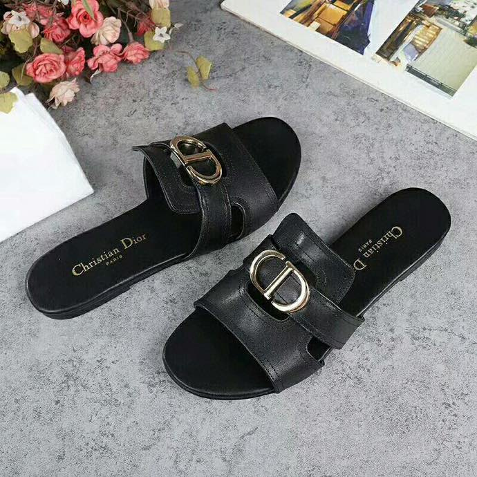 Christian Dior Black Leather CD Gold Slide Sandal
