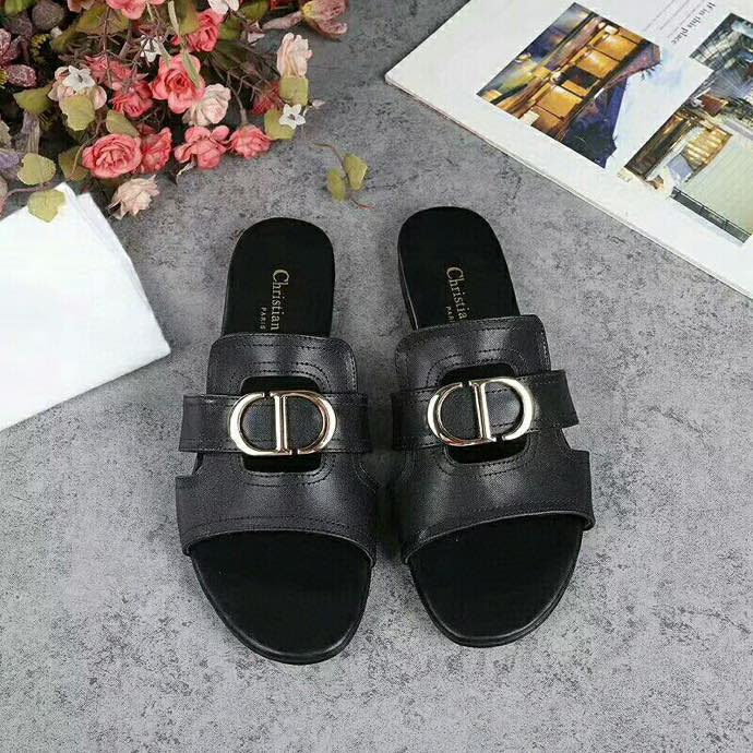 Christian Dior Black Leather CD Gold Slide Sandal