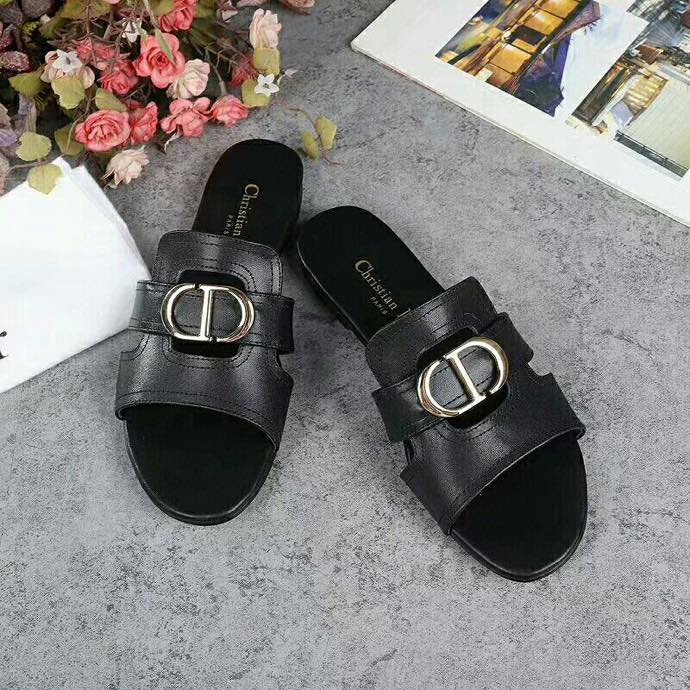 Christian Dior Black Leather CD Gold Slide Sandal