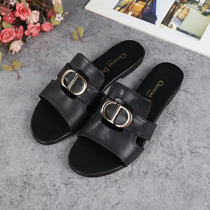 Christian Dior Black Leather CD Gold Slide Sandal