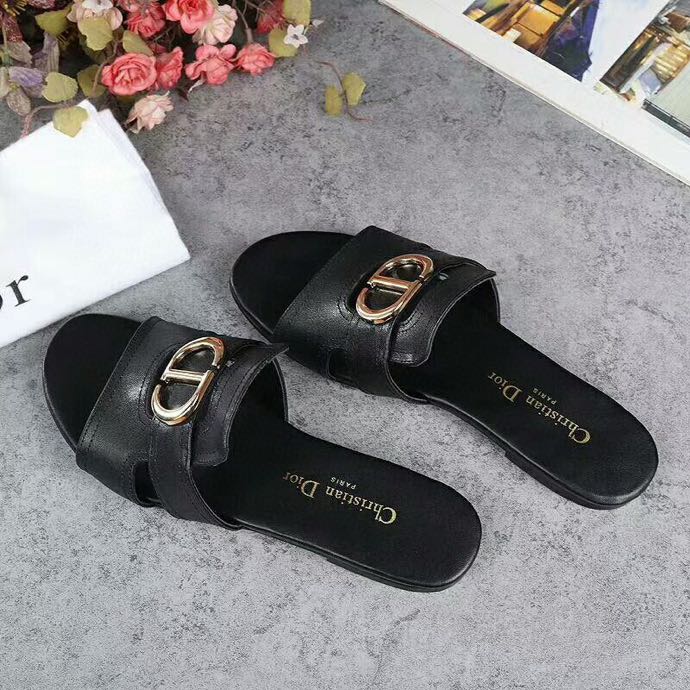 Christian Dior Black Leather CD Gold Slide Sandal