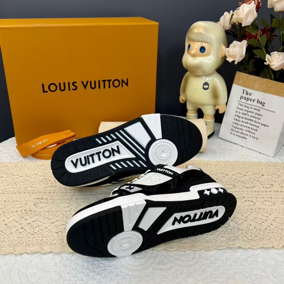 LOUIS VUITTON Trainer Panda Embossed Print Low-top Fashion Sneakers Unisex White and Black 1A9JG9