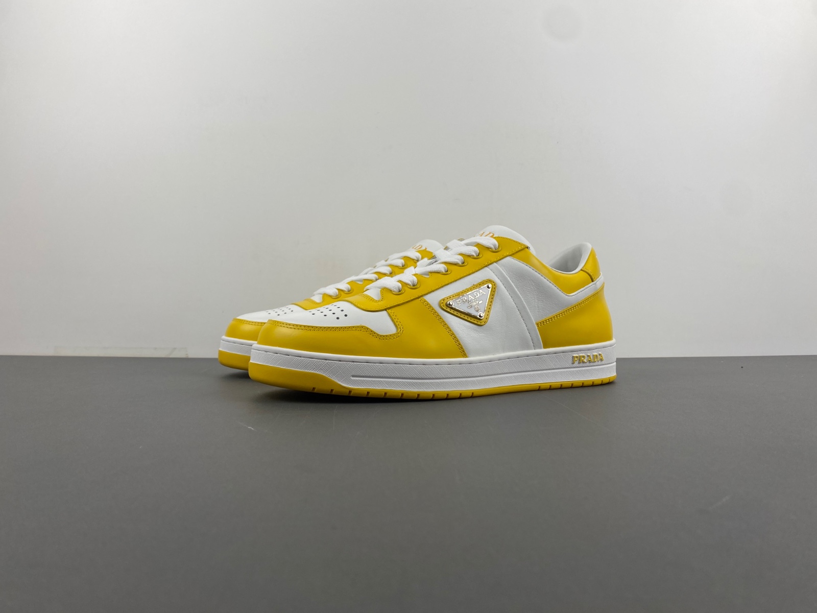 Prada Downtown Low Top Sneakers Leather White Yellow Sun