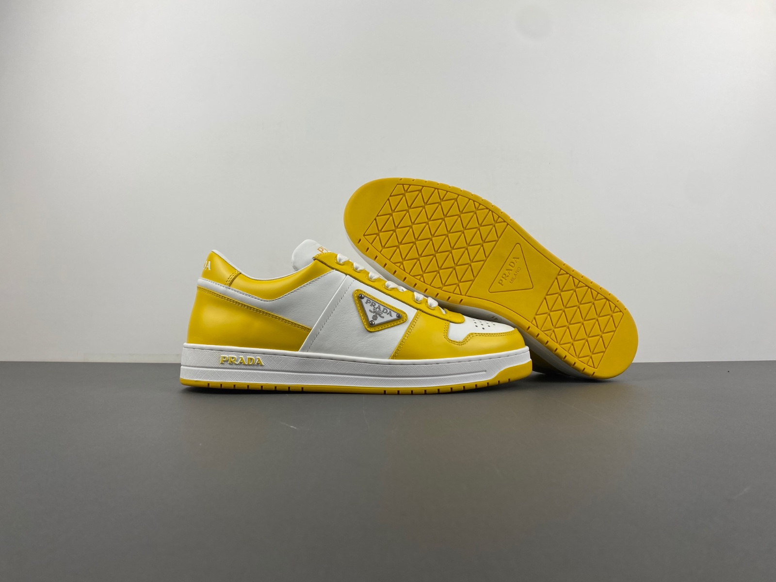 Prada Downtown Low Top Sneakers Leather White Yellow Sun