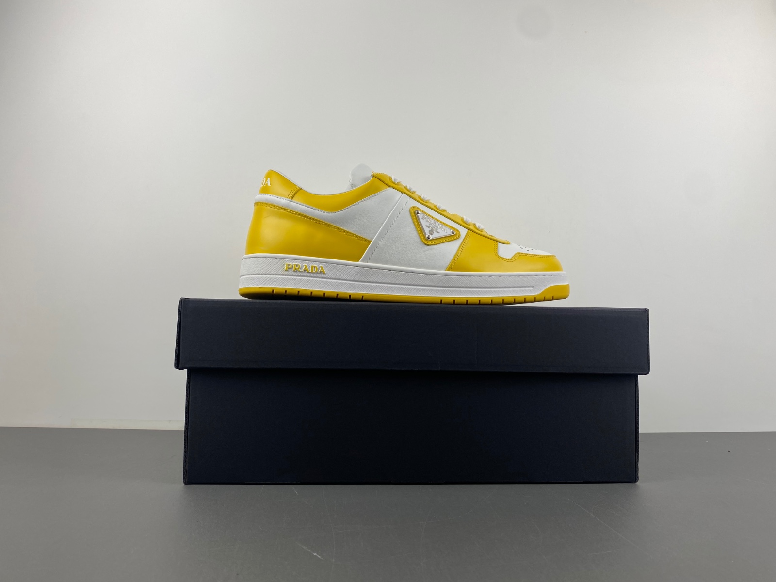 Prada Downtown Low Top Sneakers Leather White Yellow Sun