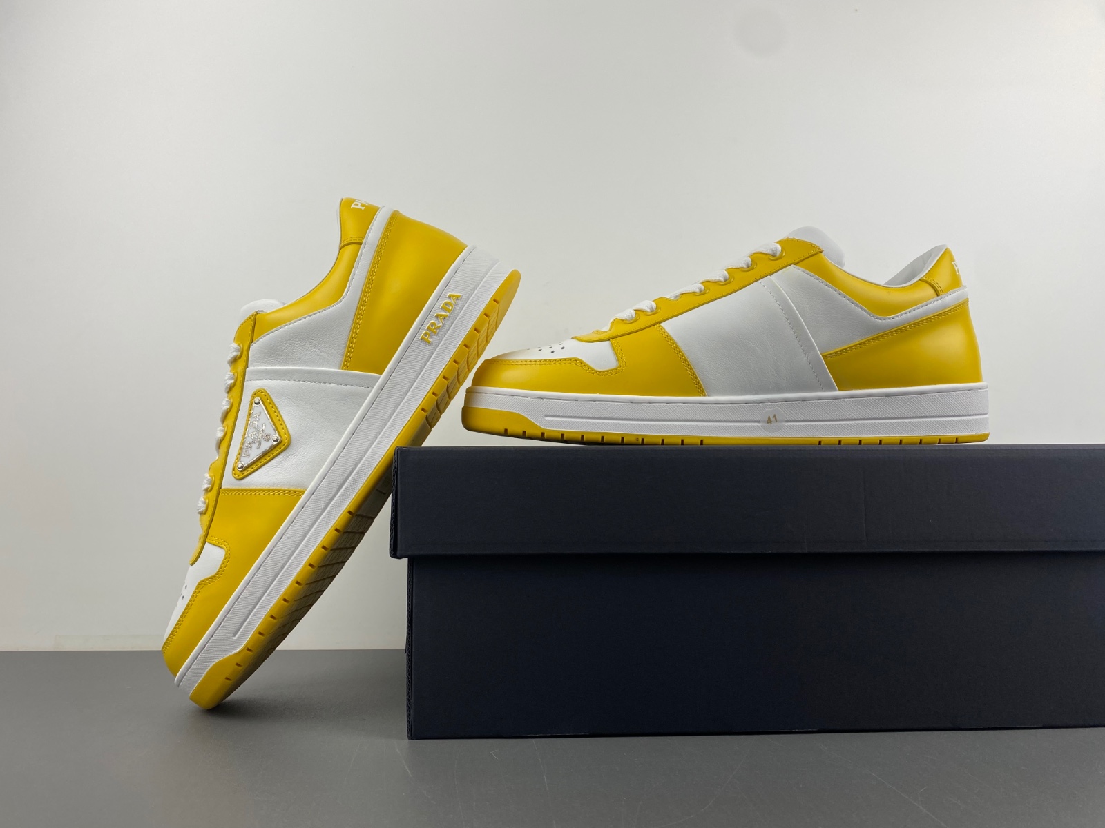 Prada Downtown Low Top Sneakers Leather White Yellow Sun