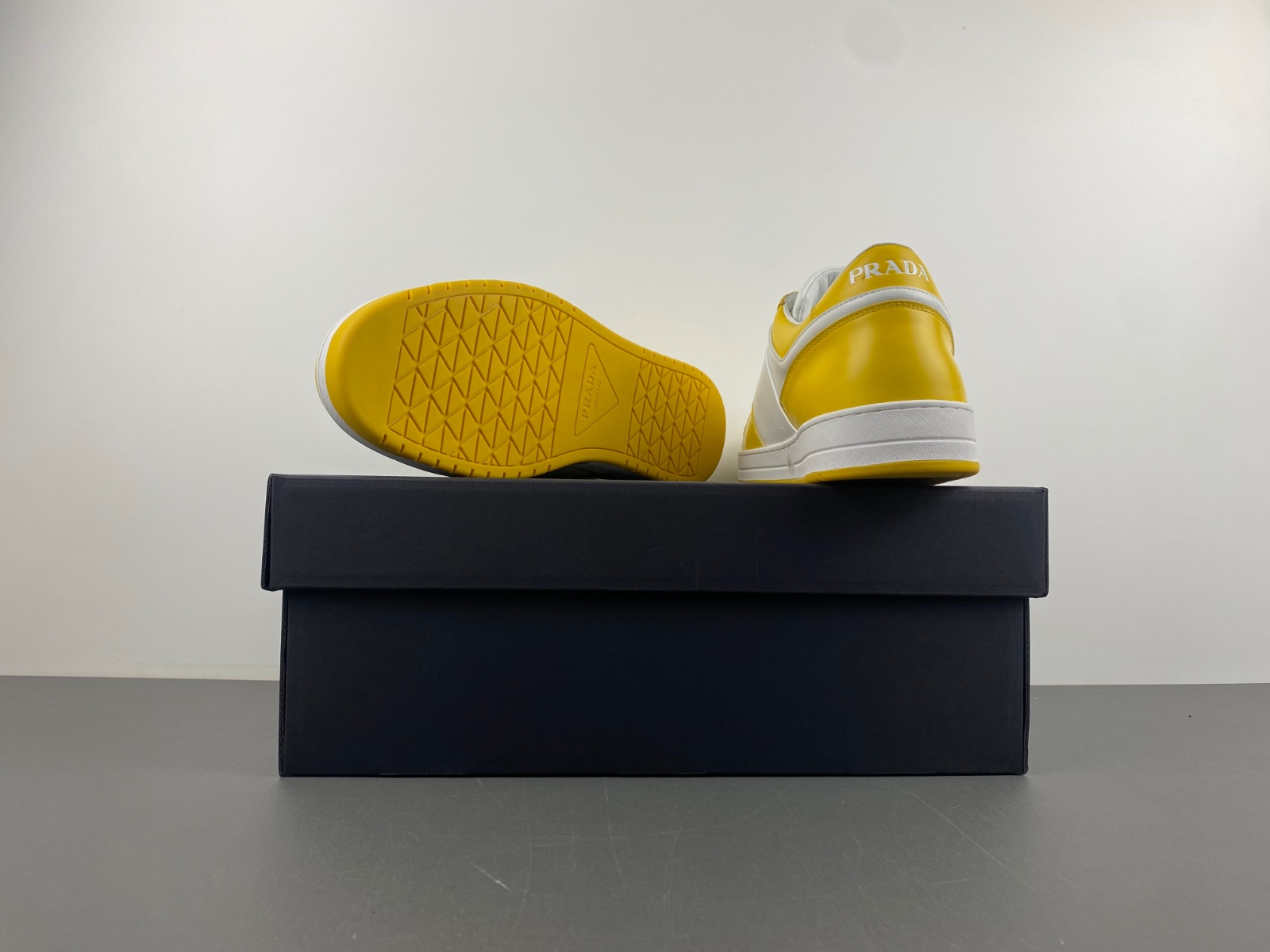 Prada Downtown Low Top Sneakers Leather White Yellow Sun
