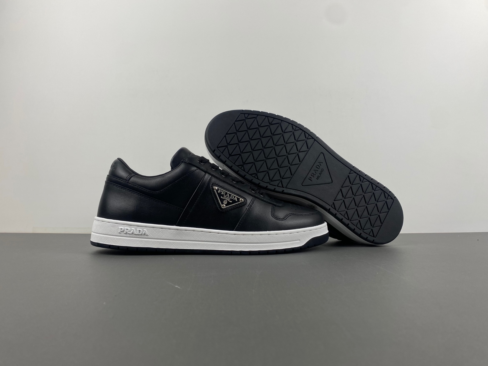Prada Downtown Low Top Sneakers Leather Black Black White