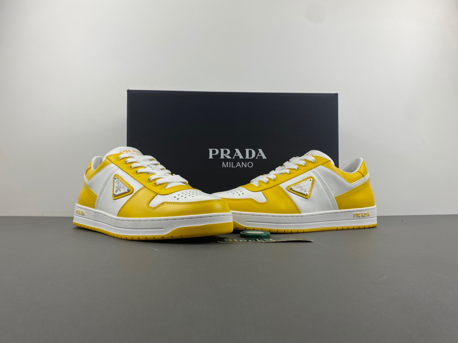 Prada Downtown Low Top Sneakers Leather White Yellow Sun