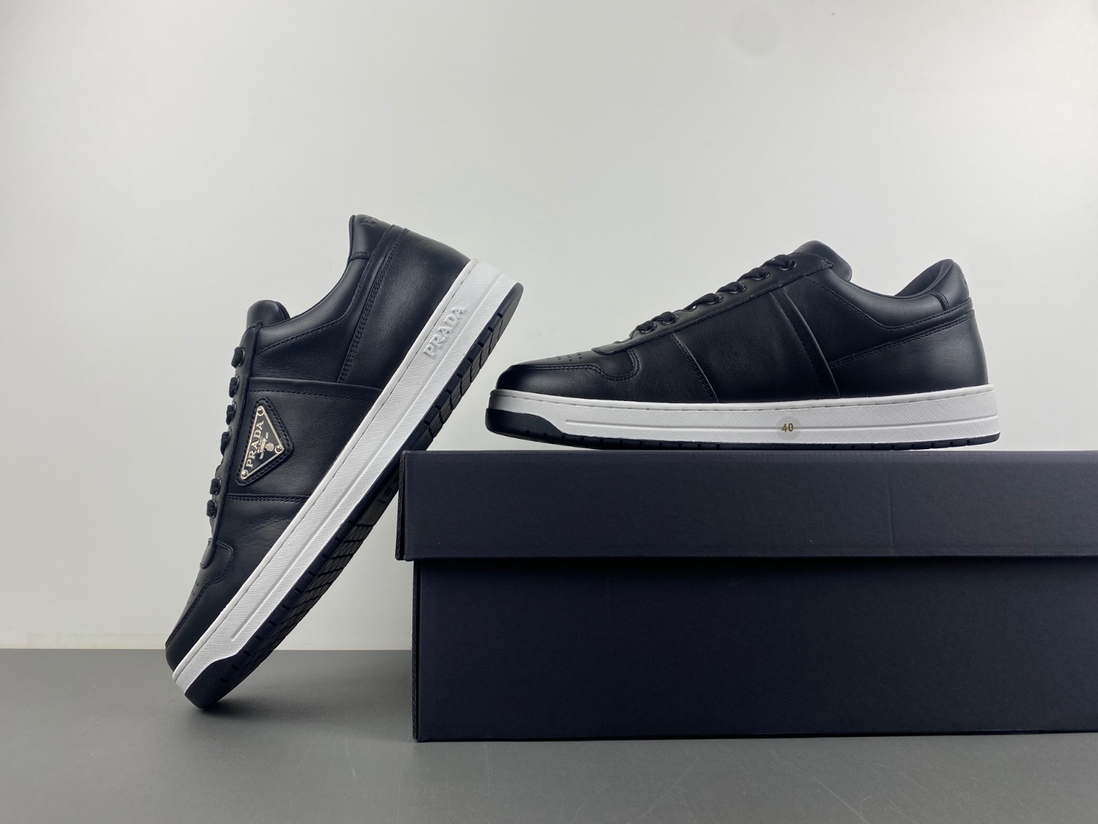 Prada Downtown Low Top Sneakers Leather Black Black White