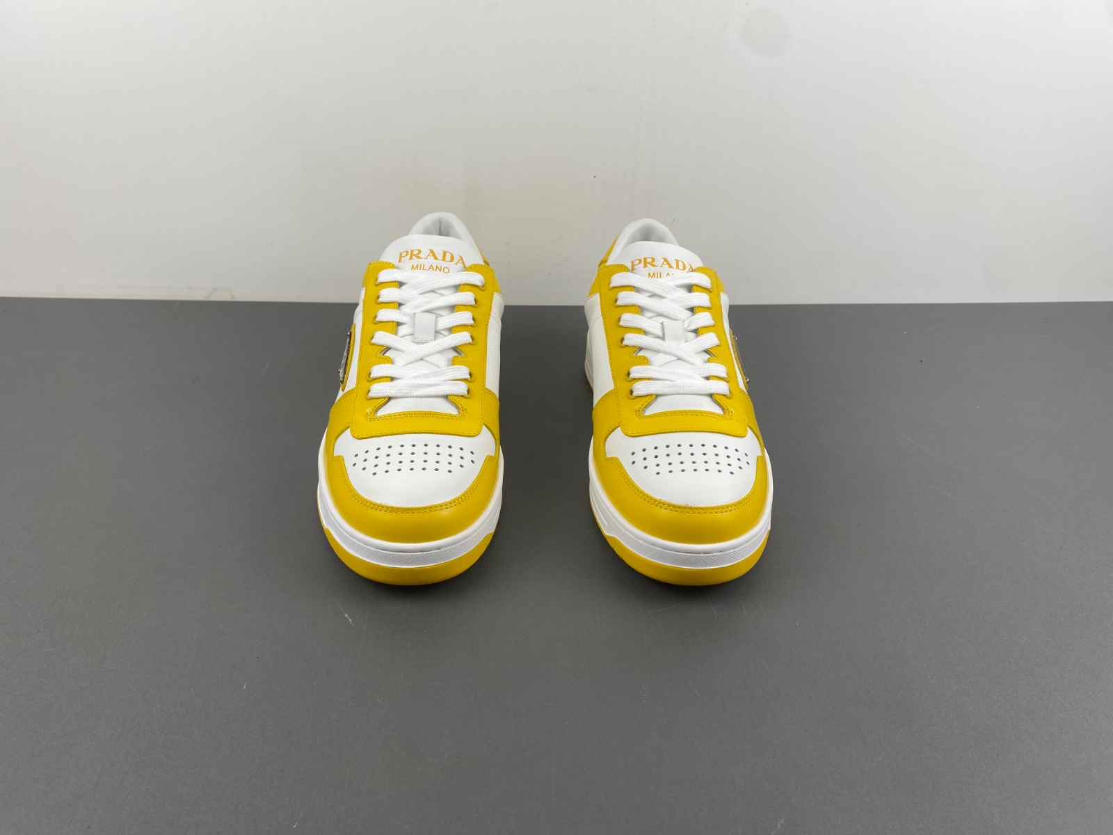 Prada Downtown Low Top Sneakers Leather White Yellow Sun