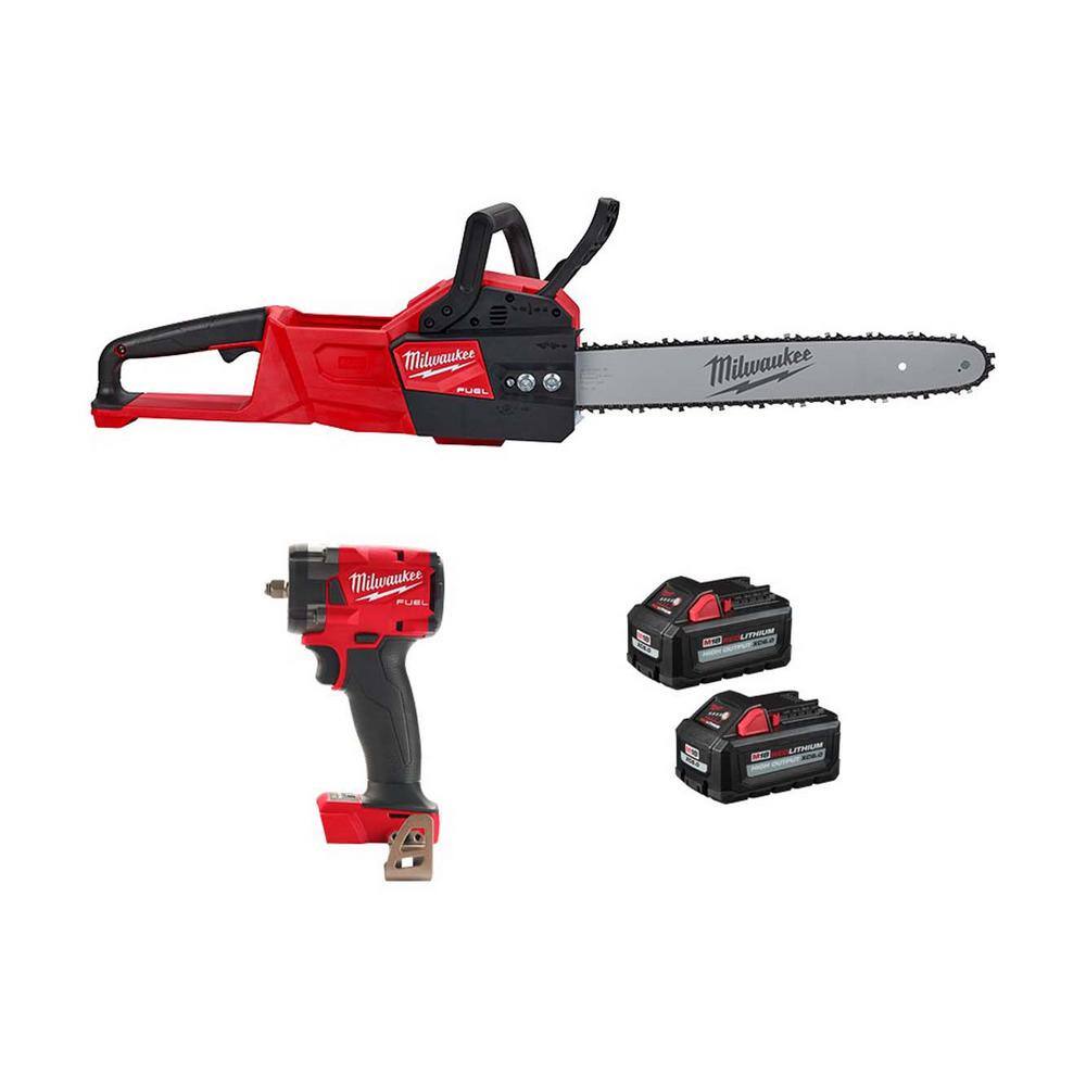 Milwaukee M18 FUEL 16 in. 18V Brushless Battery Electric Chainsaw w/3/8 in. Compact Impact Wrench w/Friction Ring Two 6Ah 2727-20-2854-20-48-11-1862