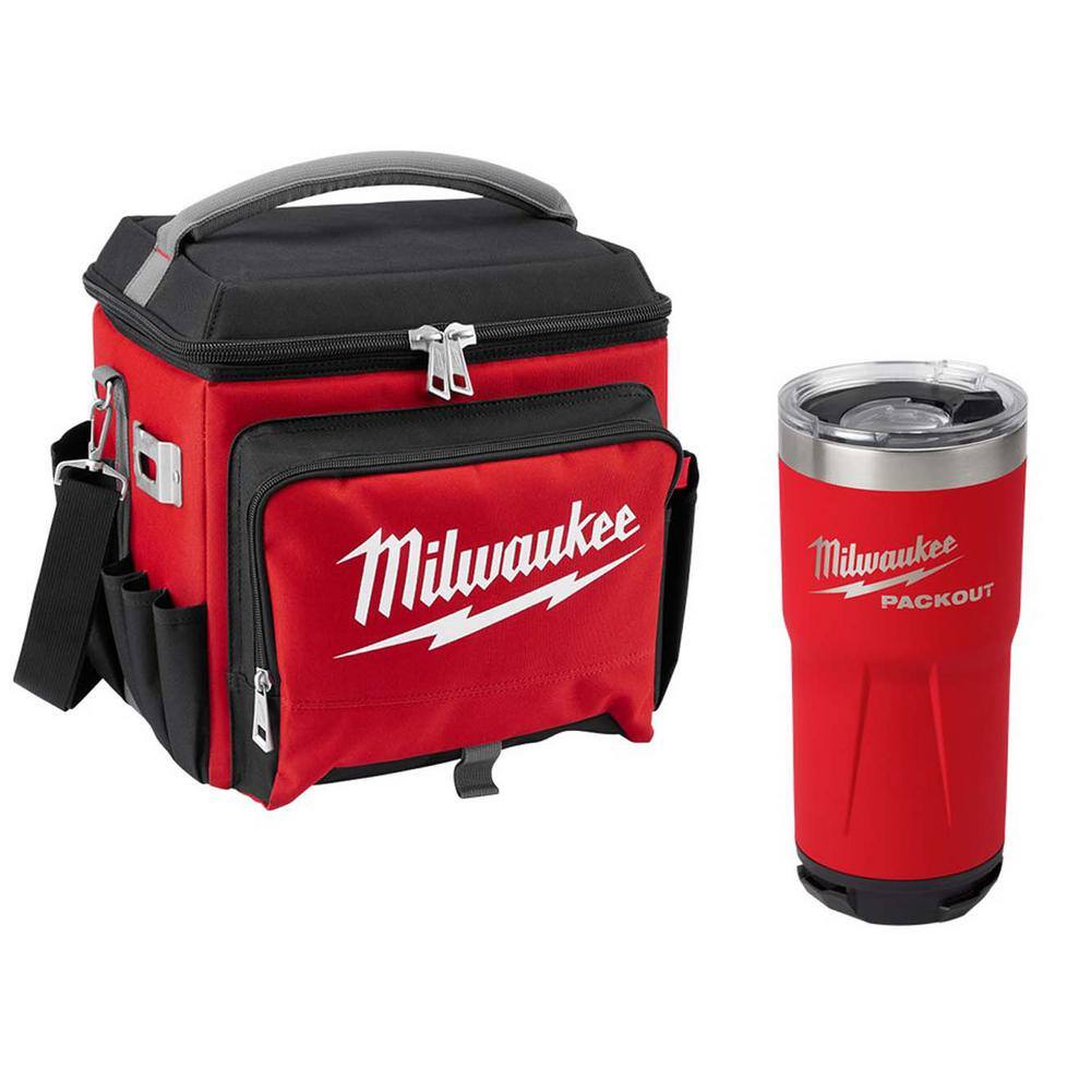 Milwaukee 21 Qt. Soft Sided Jobsite Lunch Cooler with PACKOUT Red 20 oz. Tumbler 48-22-8250-48-22-8392R