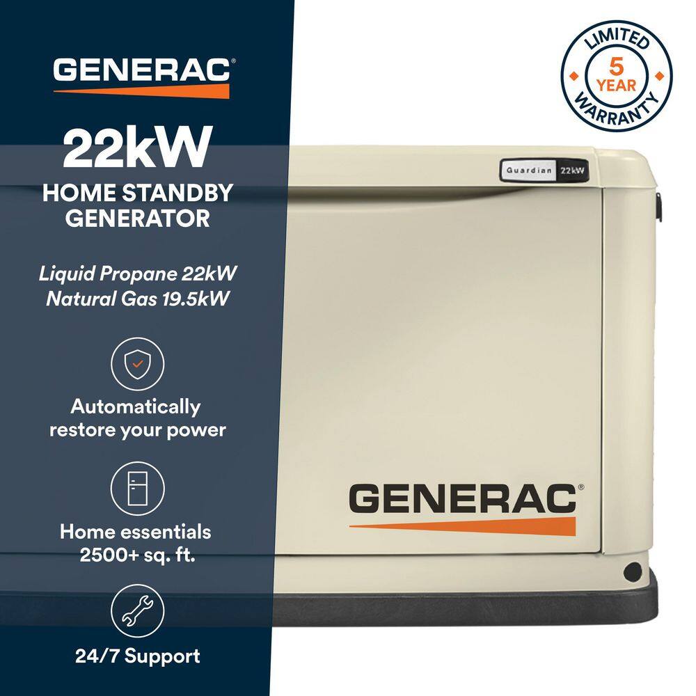 Generac 22,000 Watt - Dual Fuel Air- Cooled Whole House Home Standby Generator, Smart Home Monitoring 7042