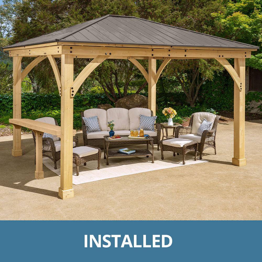 Yardistry Professionally Assembled Meridian 12 ft. x 14 ft. Cedar Shade Gazebo with 12 ft. Bar Counter and Brown Aluminum Roof 64010-0