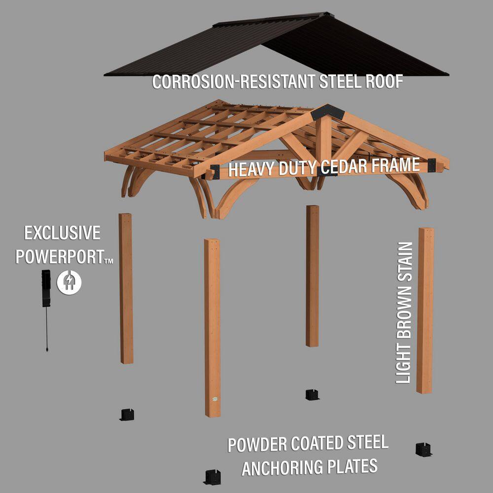 Backyard Discovery Arlington 12 ft. x 12 ft. All Cedar Wood Outdoor Gazebo Structure with Hard Top Steel Metal Peak Roof and Electric 2001527COM