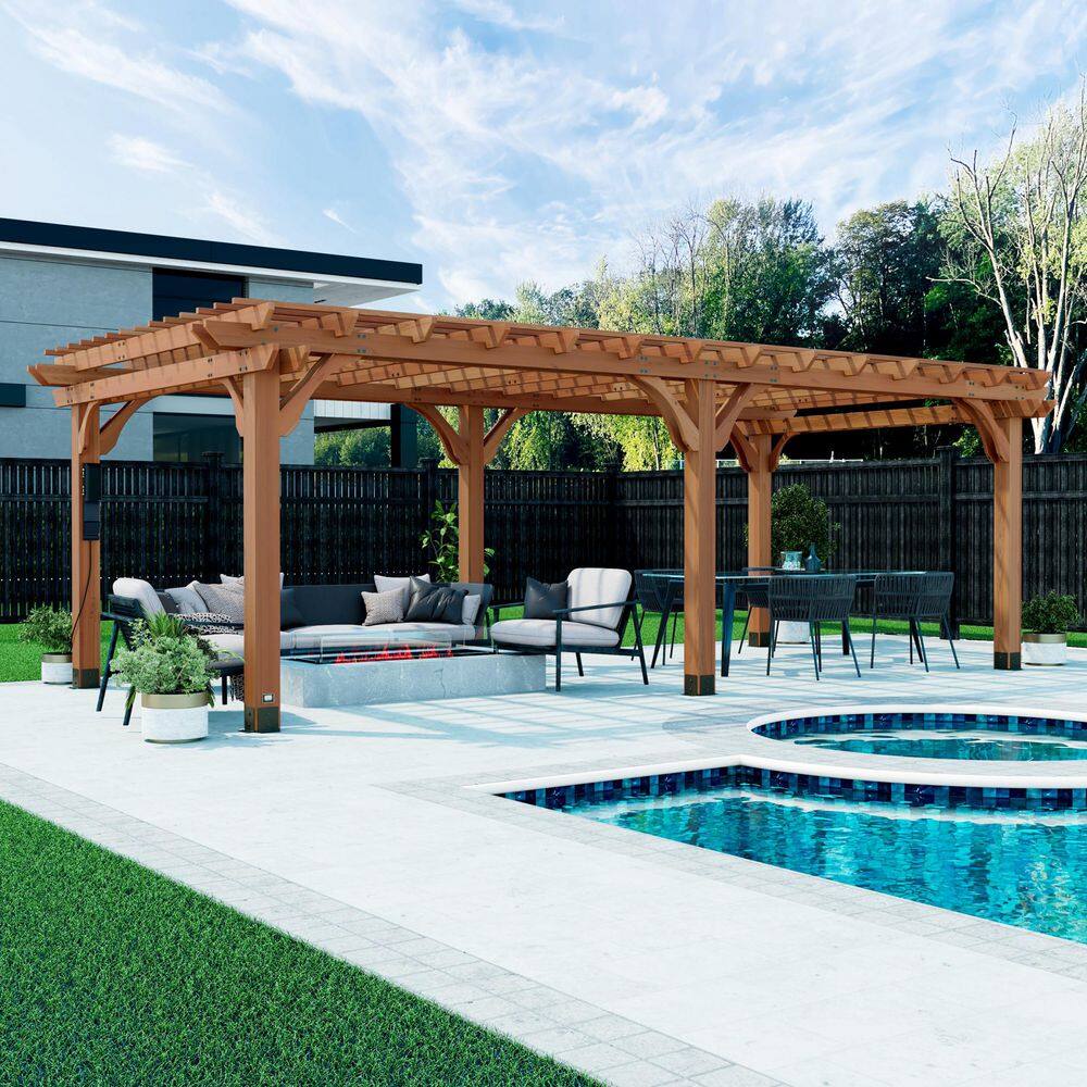 Backyard Discovery Beaumont 24 ft. x 12 ft. Light Brown Cedar Wood Outdoor Patio Pergola with Trellis Roof and PowerPort 2405035com
