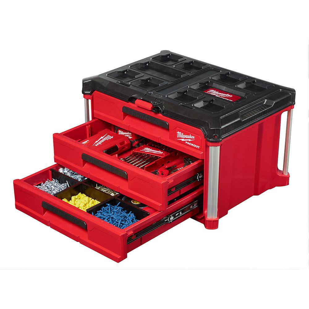 Milwaukee 3/8 in. Drive SAE/Metric Mechanics Tool Set (62-Piece) with PACKOUT 3-Drawer Tool Box 48-22-9008-48-22-2706-48-22-8443
