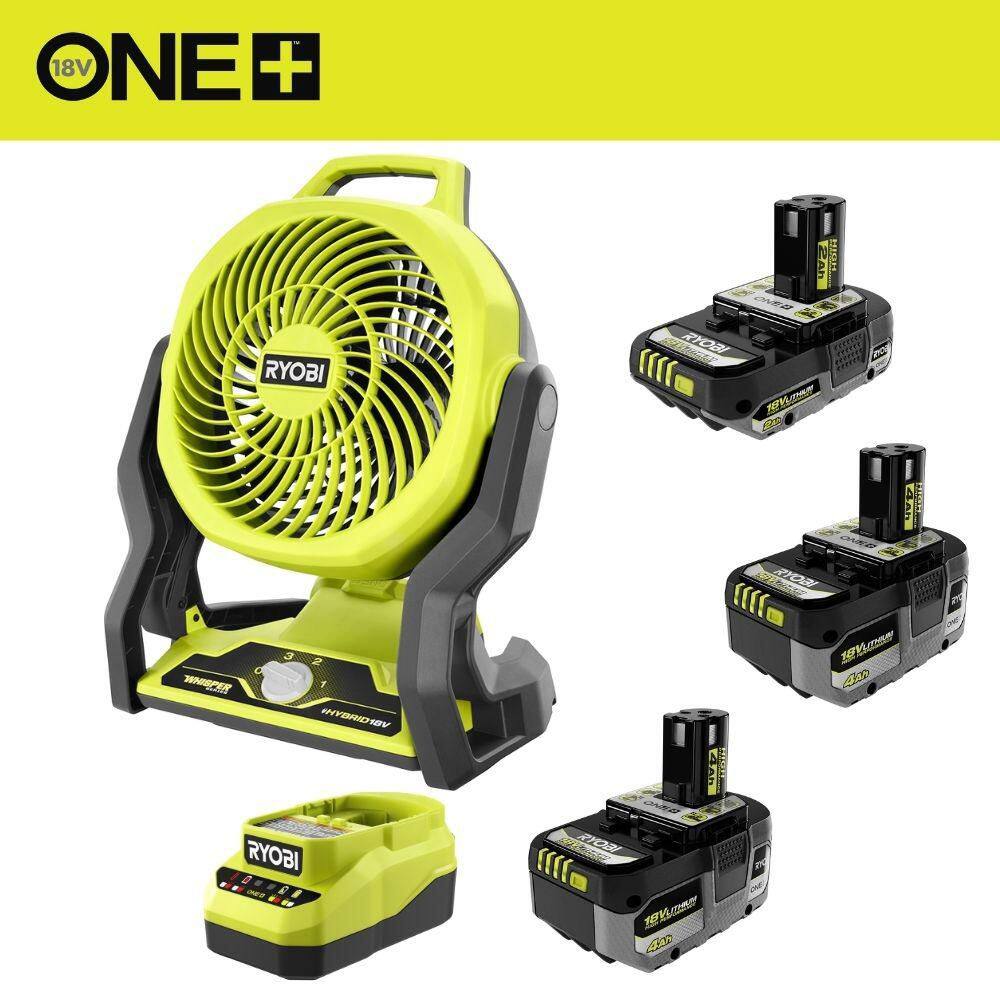 RYOBI ONE+ 18V HIGH PERFORMANCE Kit w/ (2) 4.0 Ah Batteries, 2.0 Ah Battery, Charger, & ONE+ 18V Hybrid 7-1/2 in. Fan PSK108SB-PCL811B