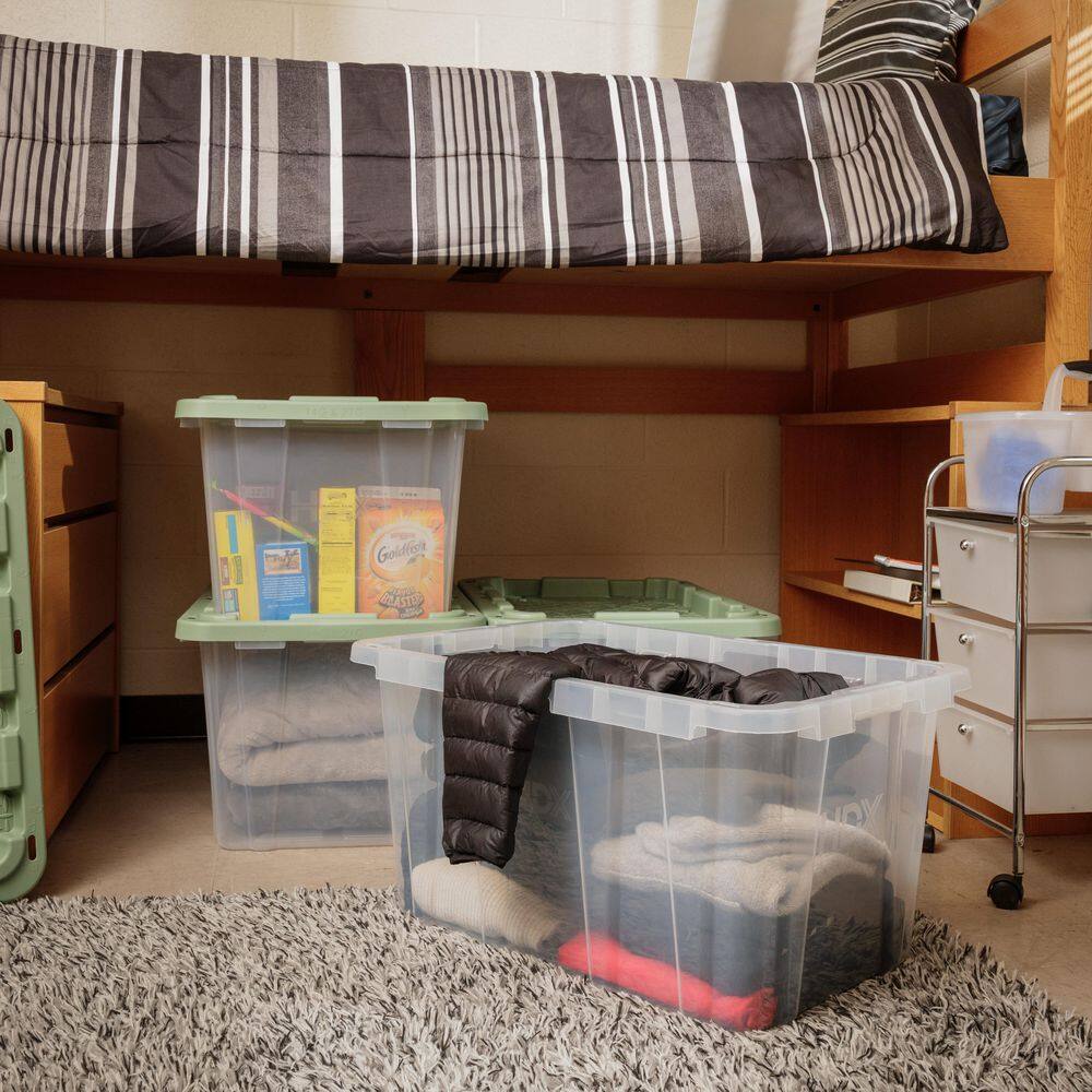 HDX 27 Gal. Tough Storage Tote in Clear with Versatile Green Lid (4-Pack) 999-HDX-272407C