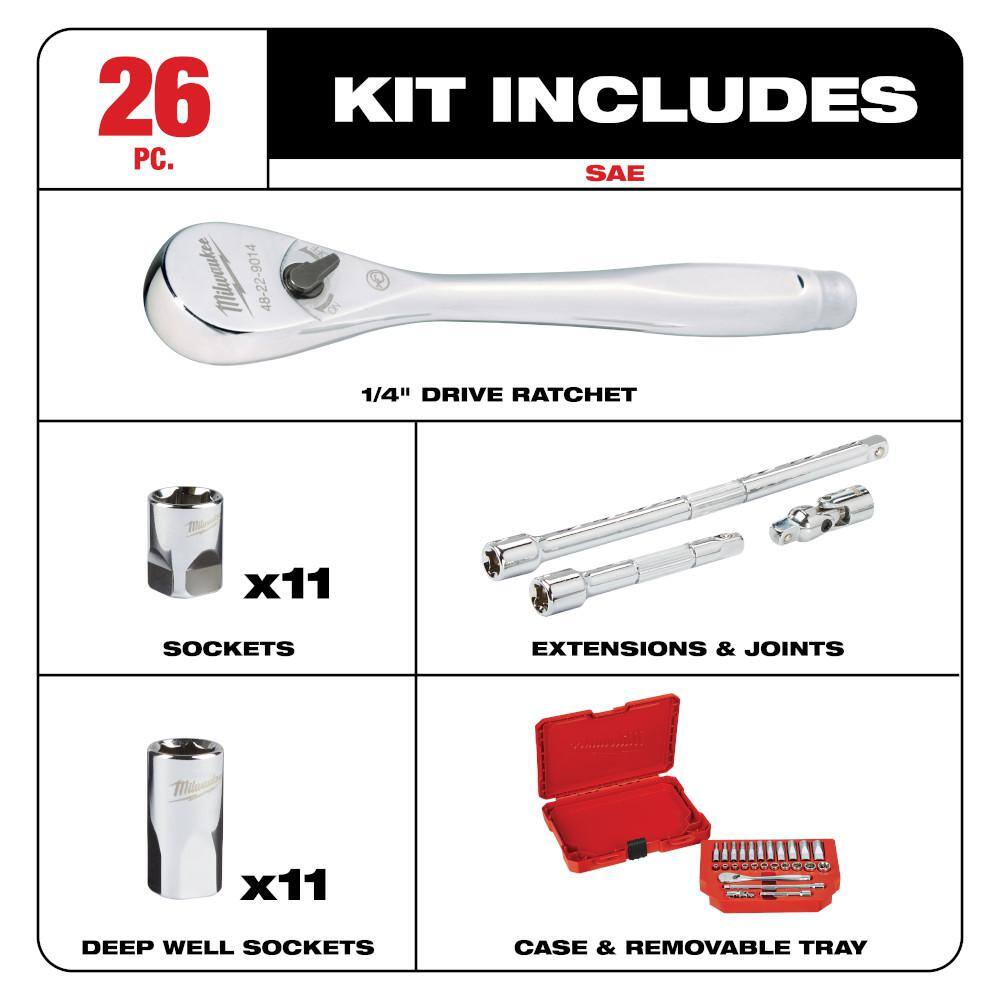 Milwaukee 1/4 in. Drive SAE/Metric Ratchet and Socket Mechanics Tool Set (54-Piece) 48-22-9404-48-22-9504