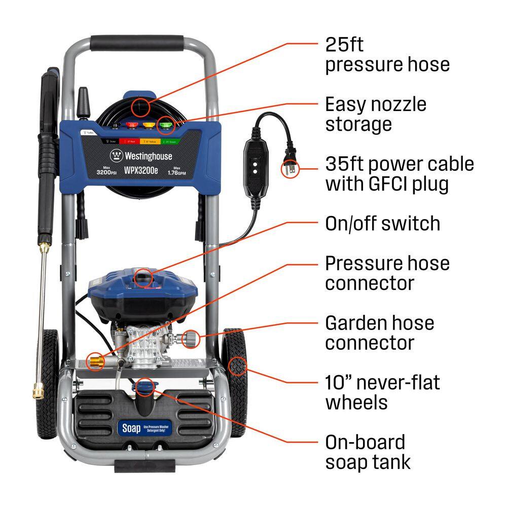 Westinghouse 3200 PSI 1.76 GPM 13 Amp Cold Water Electric Powered Pressure Washer with Turbo Nozzle and 5 Quick Connect Tips WPX3200e